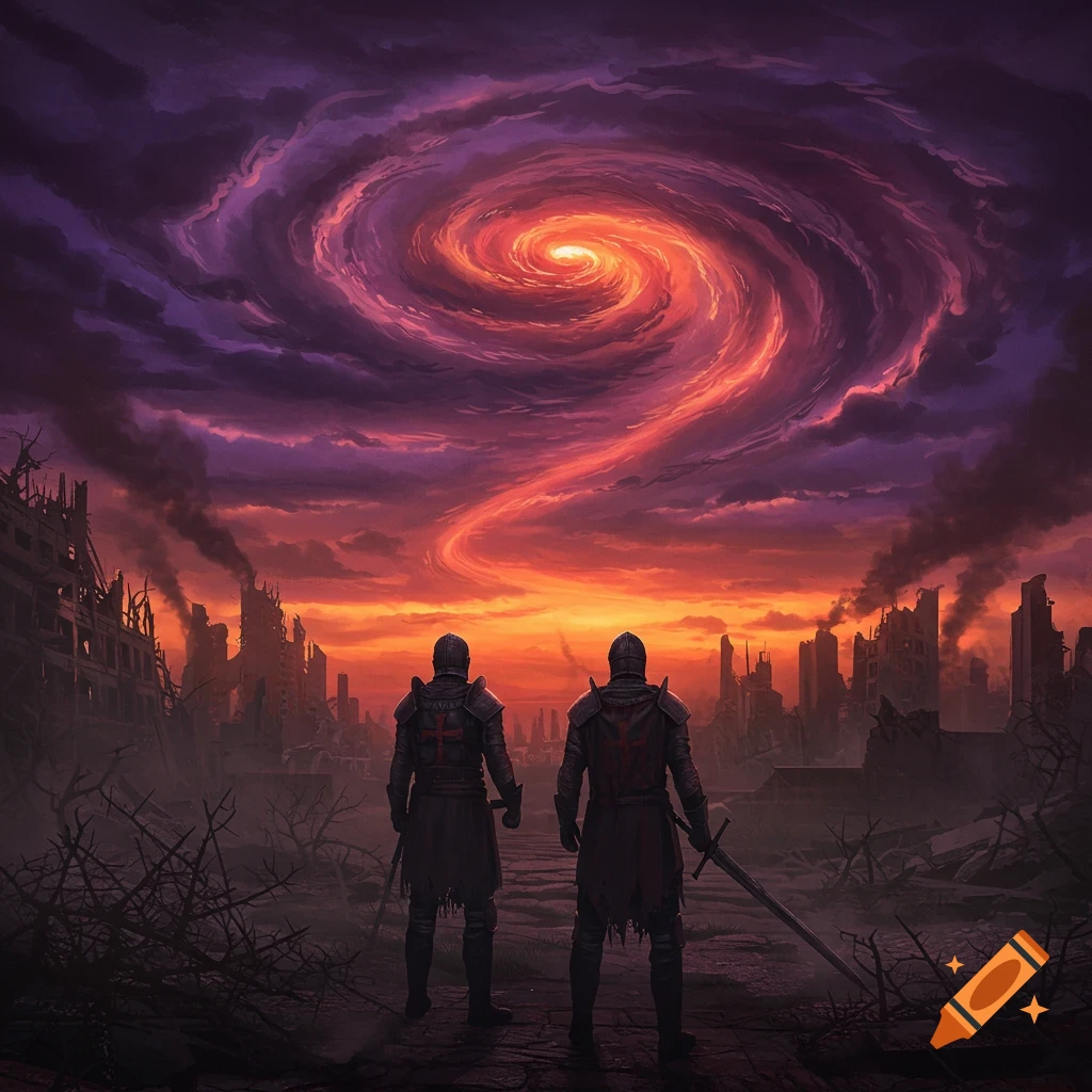 Two knights stand before a swirling cosmic vortex in a ruined city landscape.