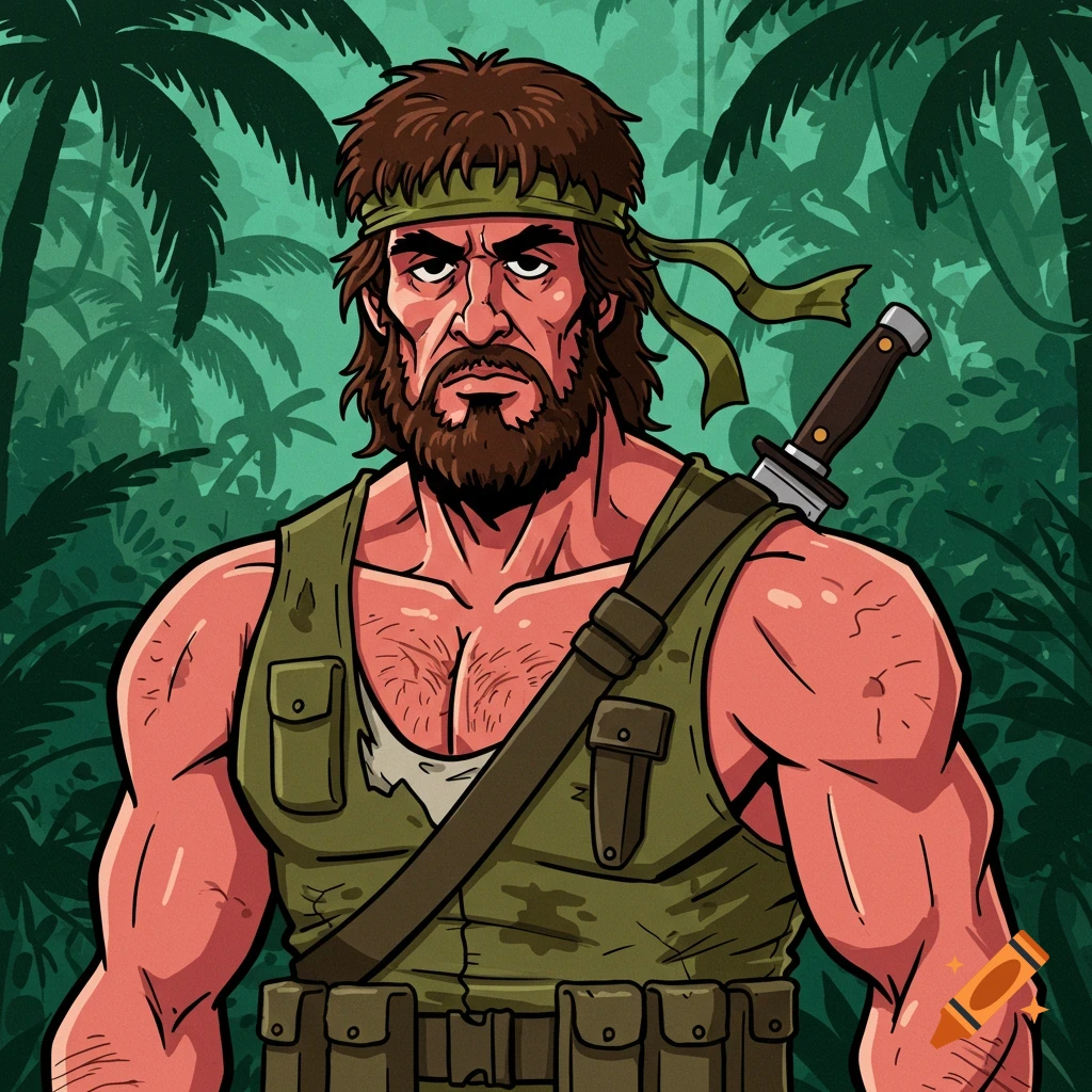 Cartoon portrait of a muscular soldier with a headband and knife in a jungle.