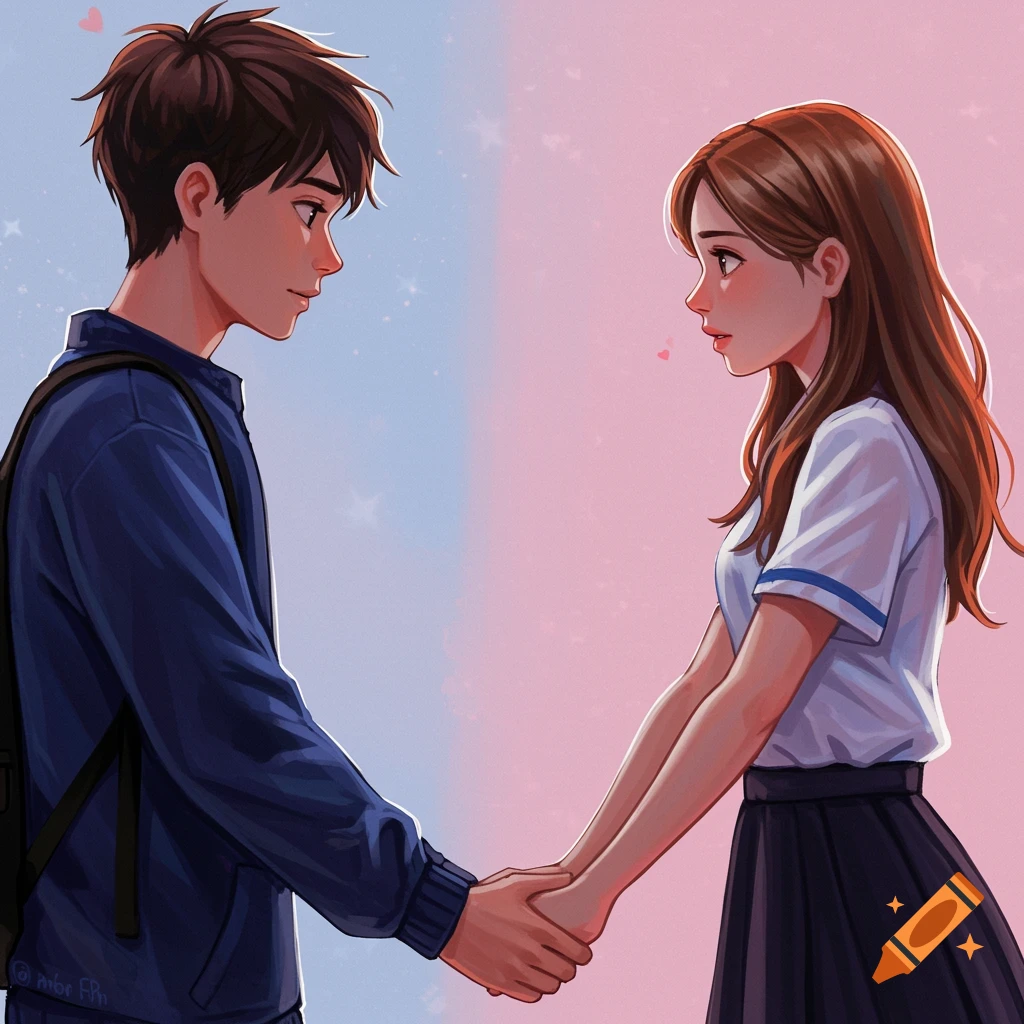 A boy and girl holding hands and looking at each other, with a split pink and blue background.
