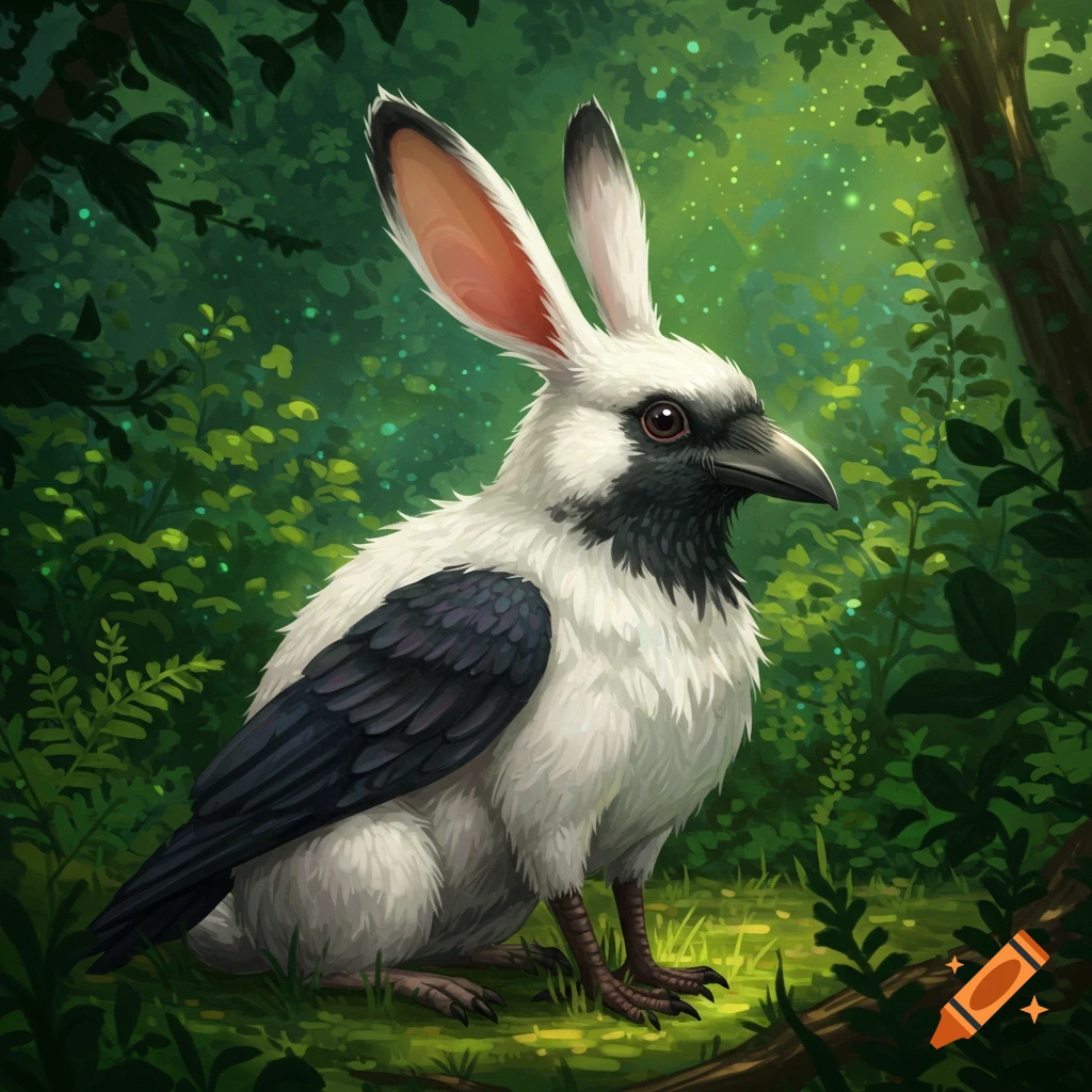 A rabbit-crow hybrid creature with white fur and black feathers is sitting in a forest.