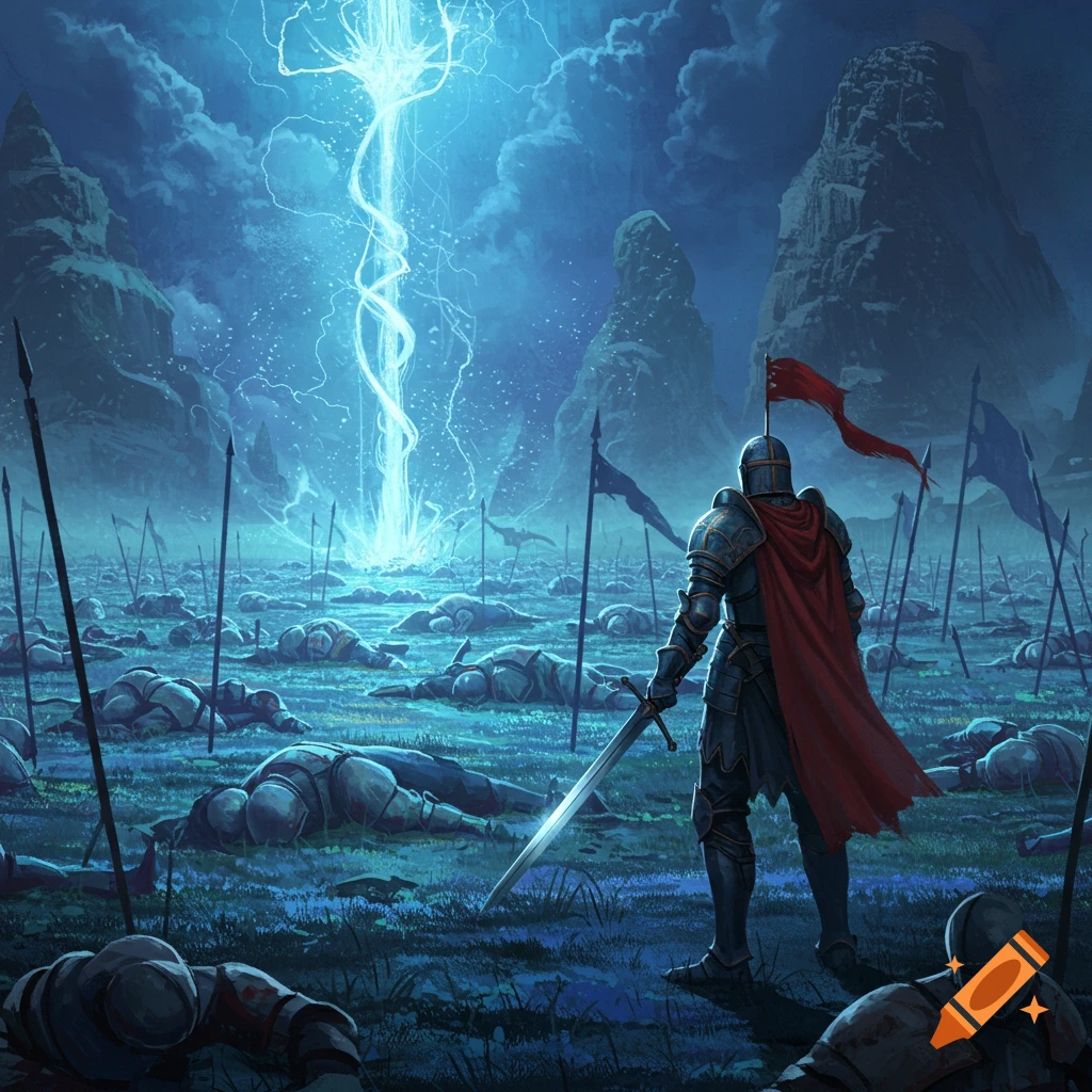A knight stands on a battlefield of fallen soldiers as magical light descends from the sky.