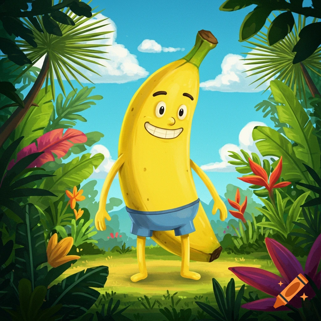 A cartoon banana character with a face and shorts stands in a jungle.