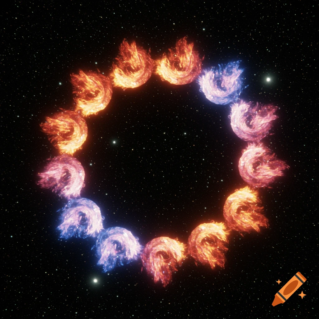 A ring of swirling red and blue fiery shapes in space with stars.