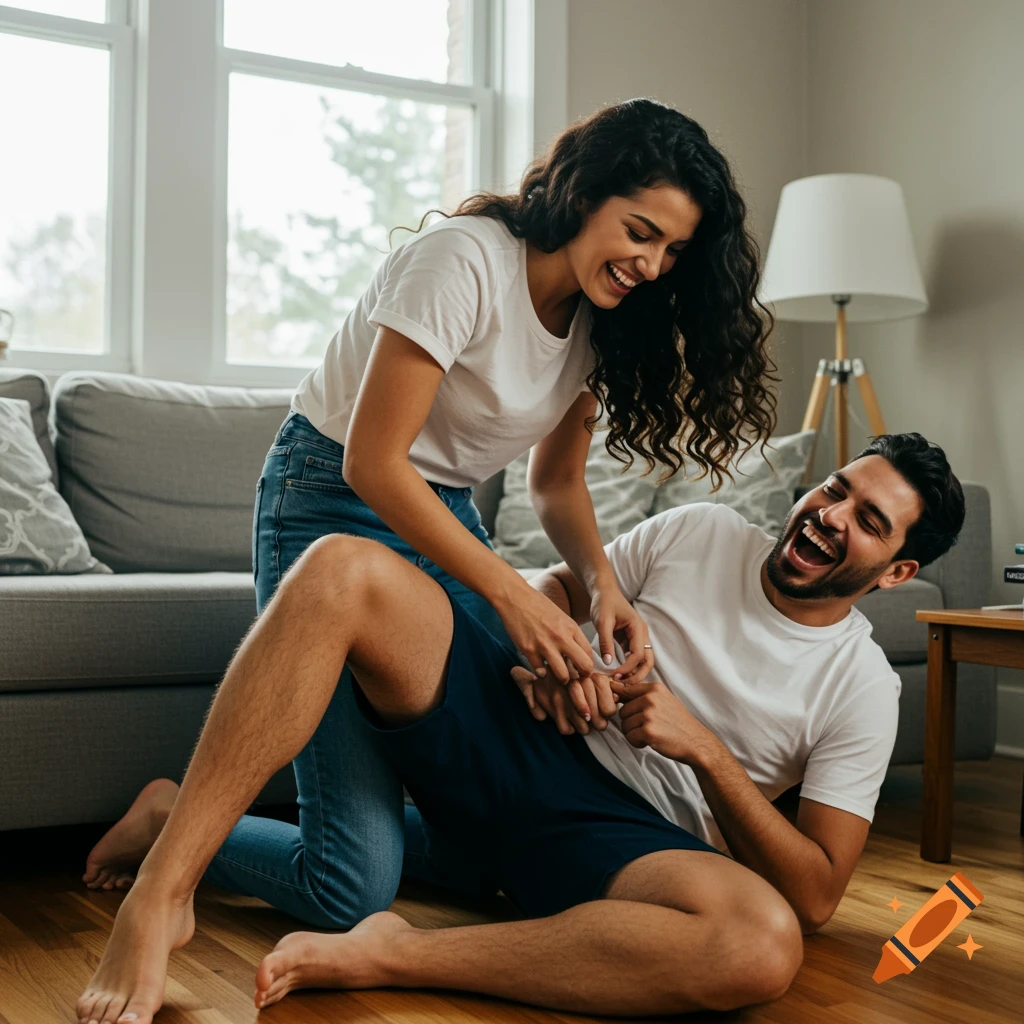 Young woman tickling a man's foot as he laughs in a living room, photograph
