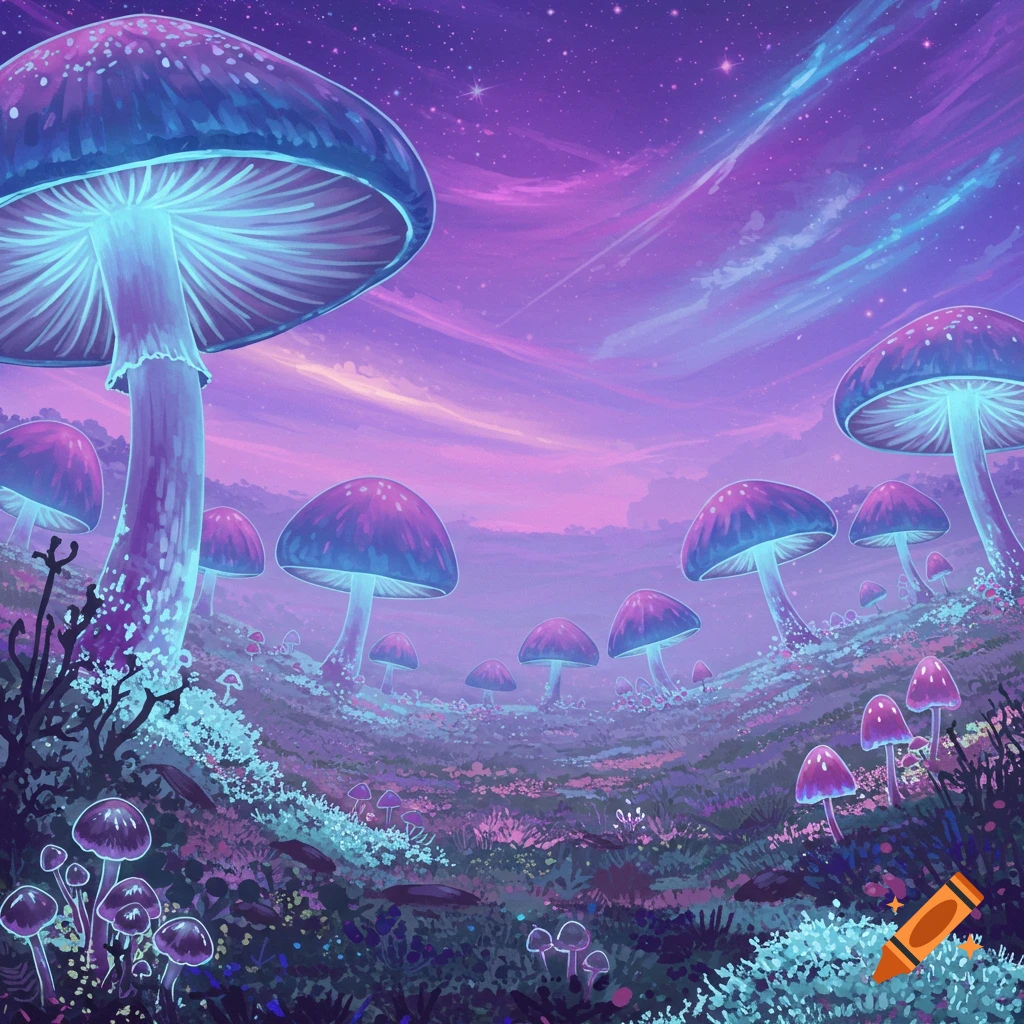 A vibrant fantasy landscape filled with glowing blue and purple mushrooms under a star-filled purple and pink sky.