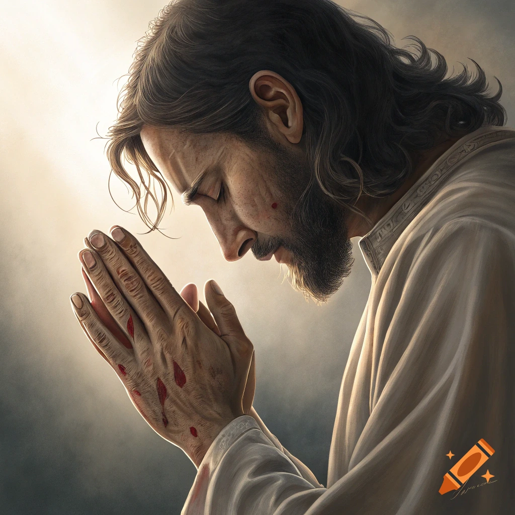 Realistic depiction of Jesus praying, with blood on his hands and face.