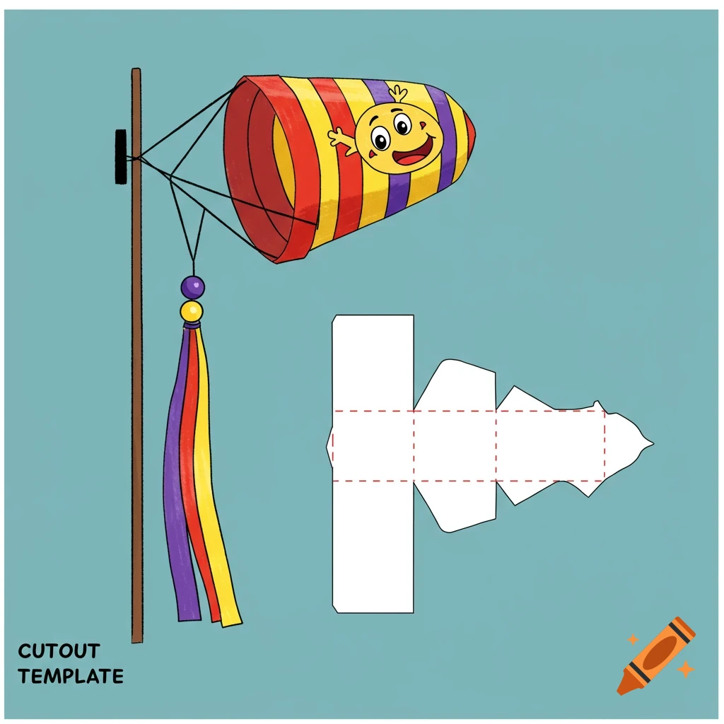 Digital illustration of a windsock cutout template next to the completed cartoon windsock.