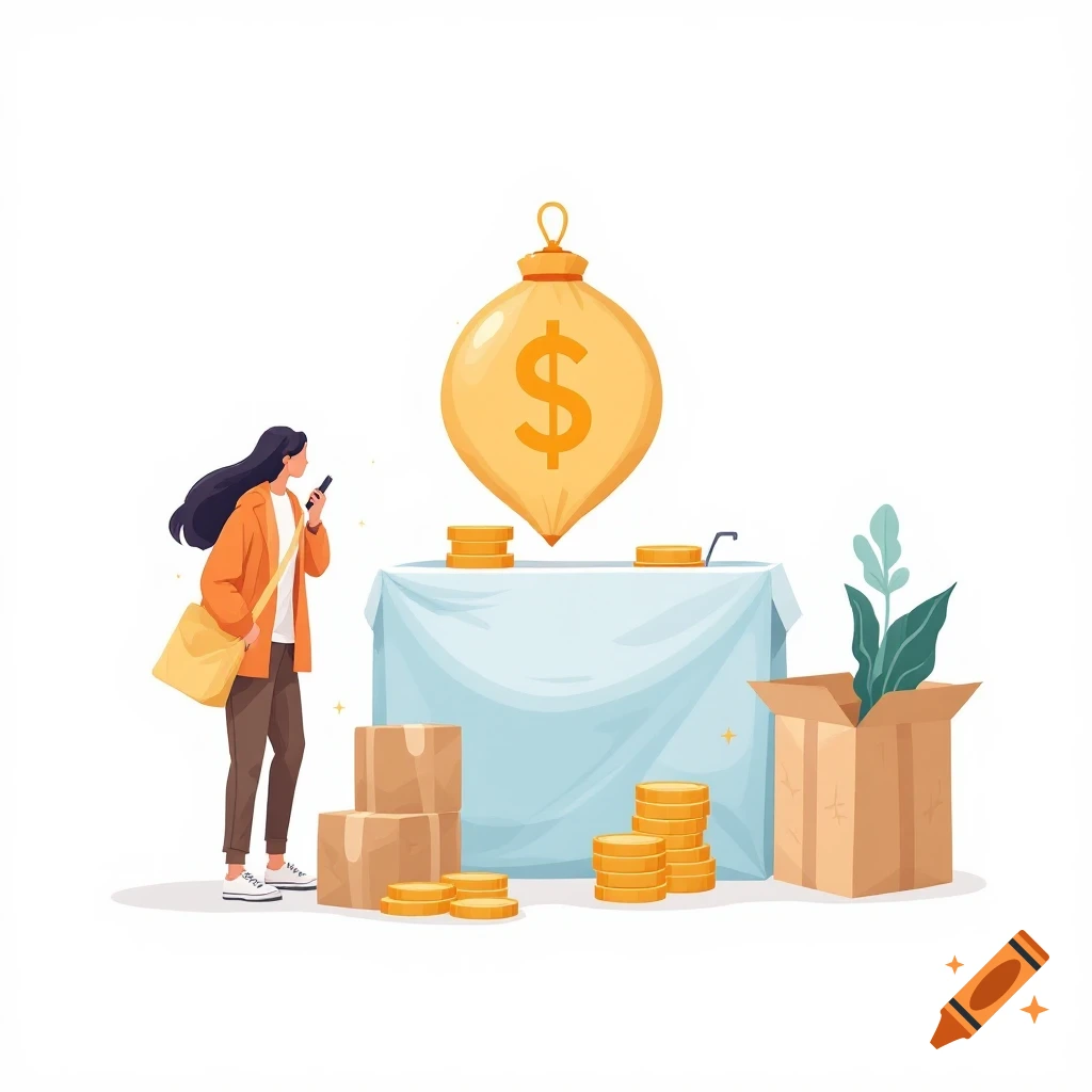 Illustration of a woman looking at a large money bag with a dollar sign, surrounded by coins and boxes.