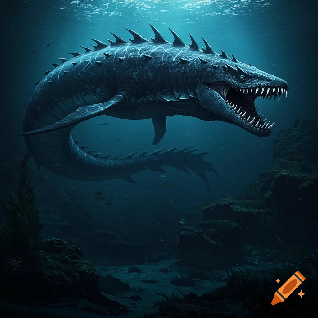 A large blue-black sea monster with spikes and sharp teeth swims in deep blue water.