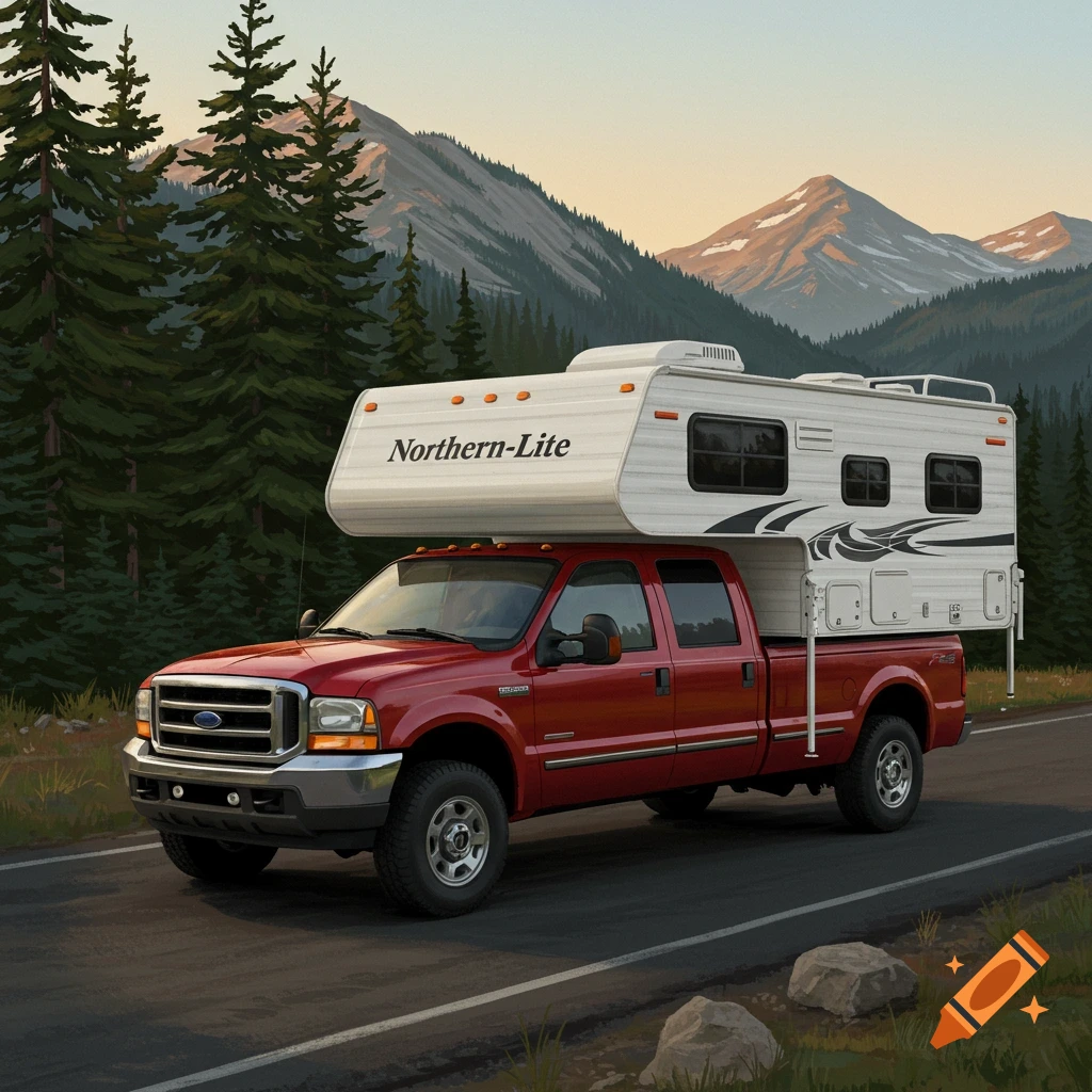 Red pickup truck with a white camper shell on a mountain road