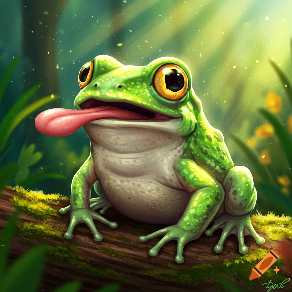 A happy green frog sticks its tongue out while sitting on a log in a forest.