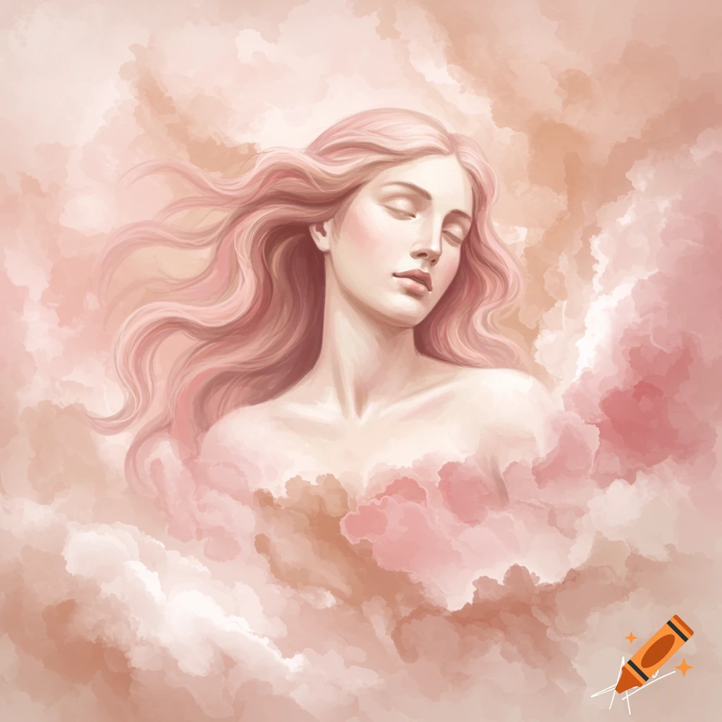 Woman with pink hair emerging from clouds.