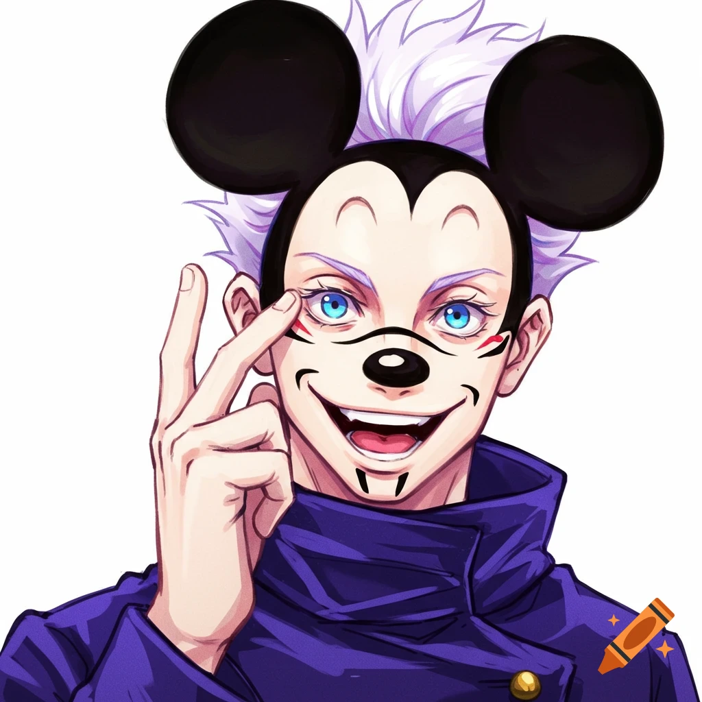 Anime character Gojo in a Mickey Mouse mask making a peace sign