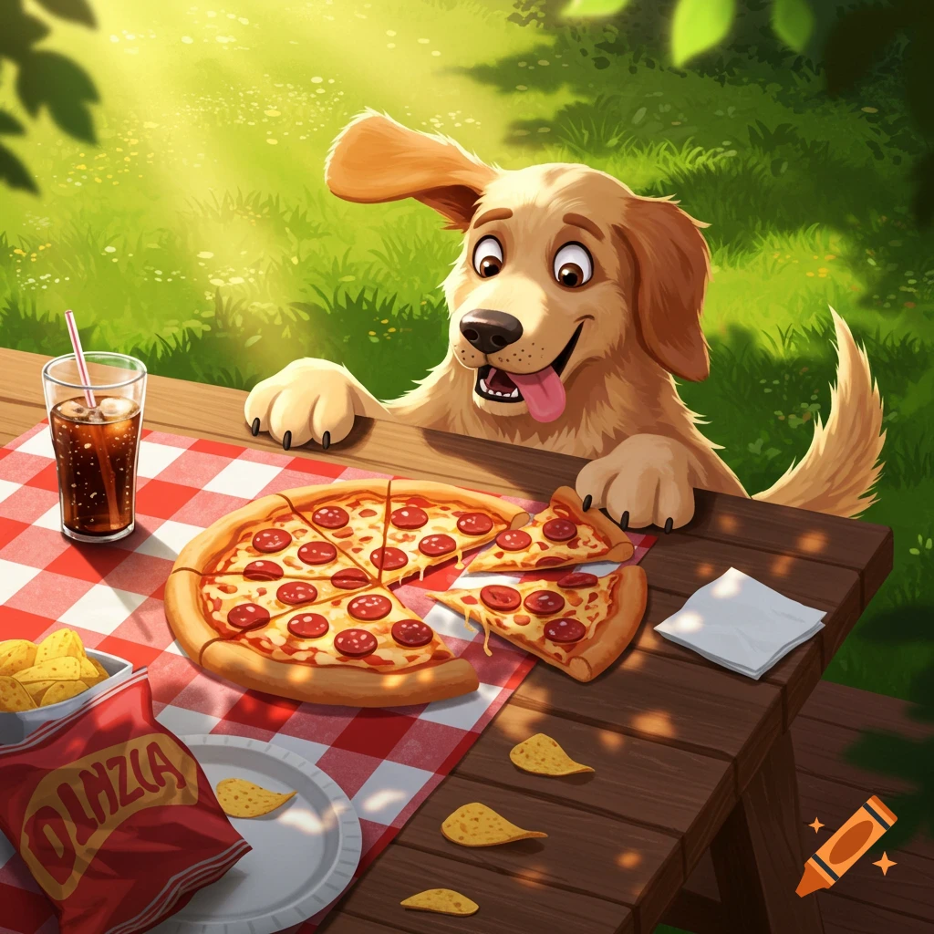 A cartoon golden retriever dog leans over a picnic table reaching for a slice of pizza.
