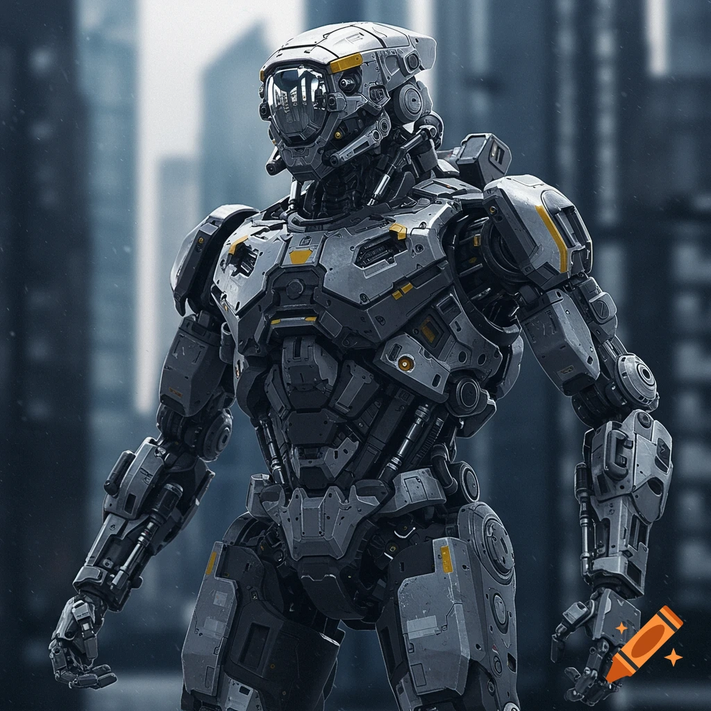 A detailed sci-fi robot stands in front of a blurred city background.