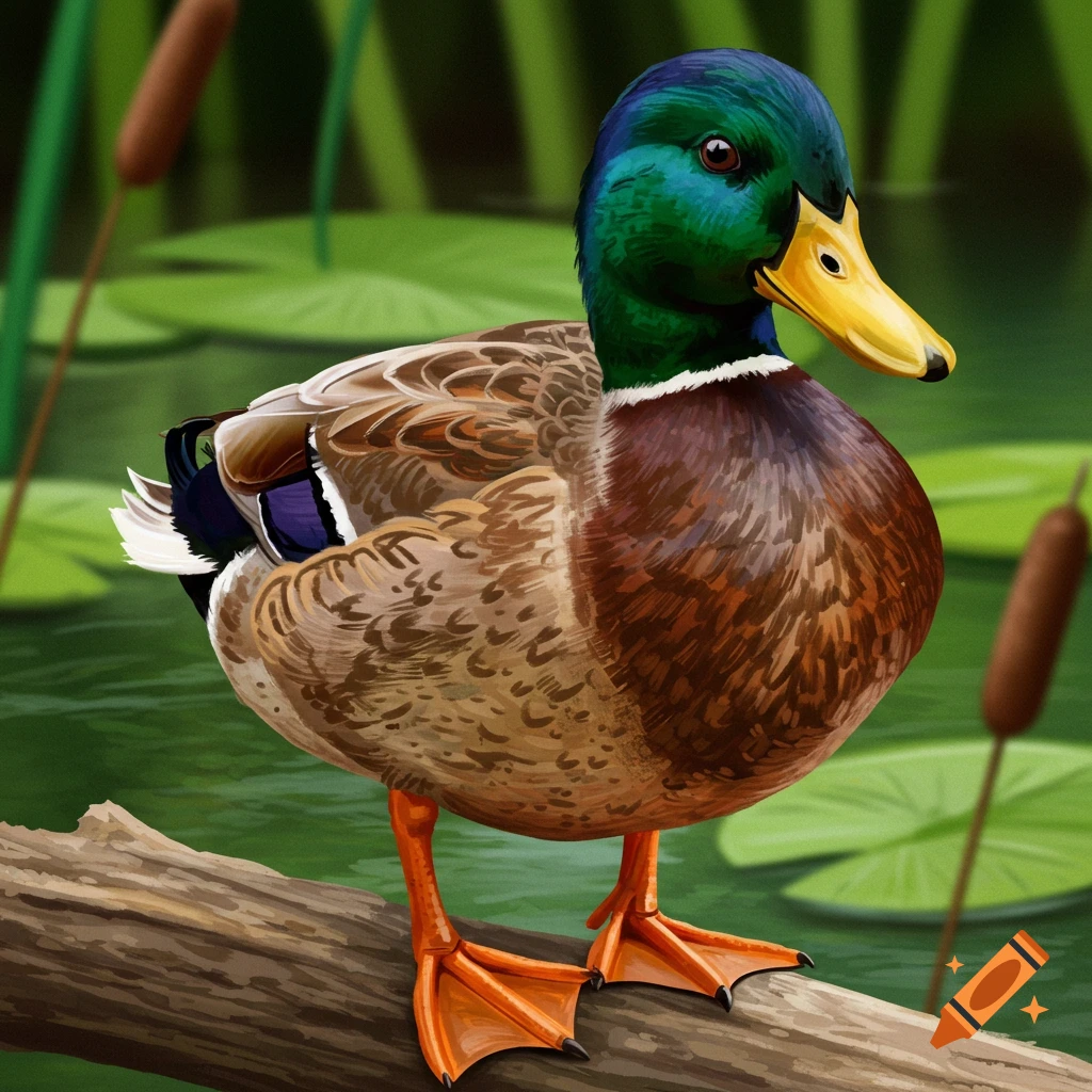 A mallard duck stands on a log in a pond.