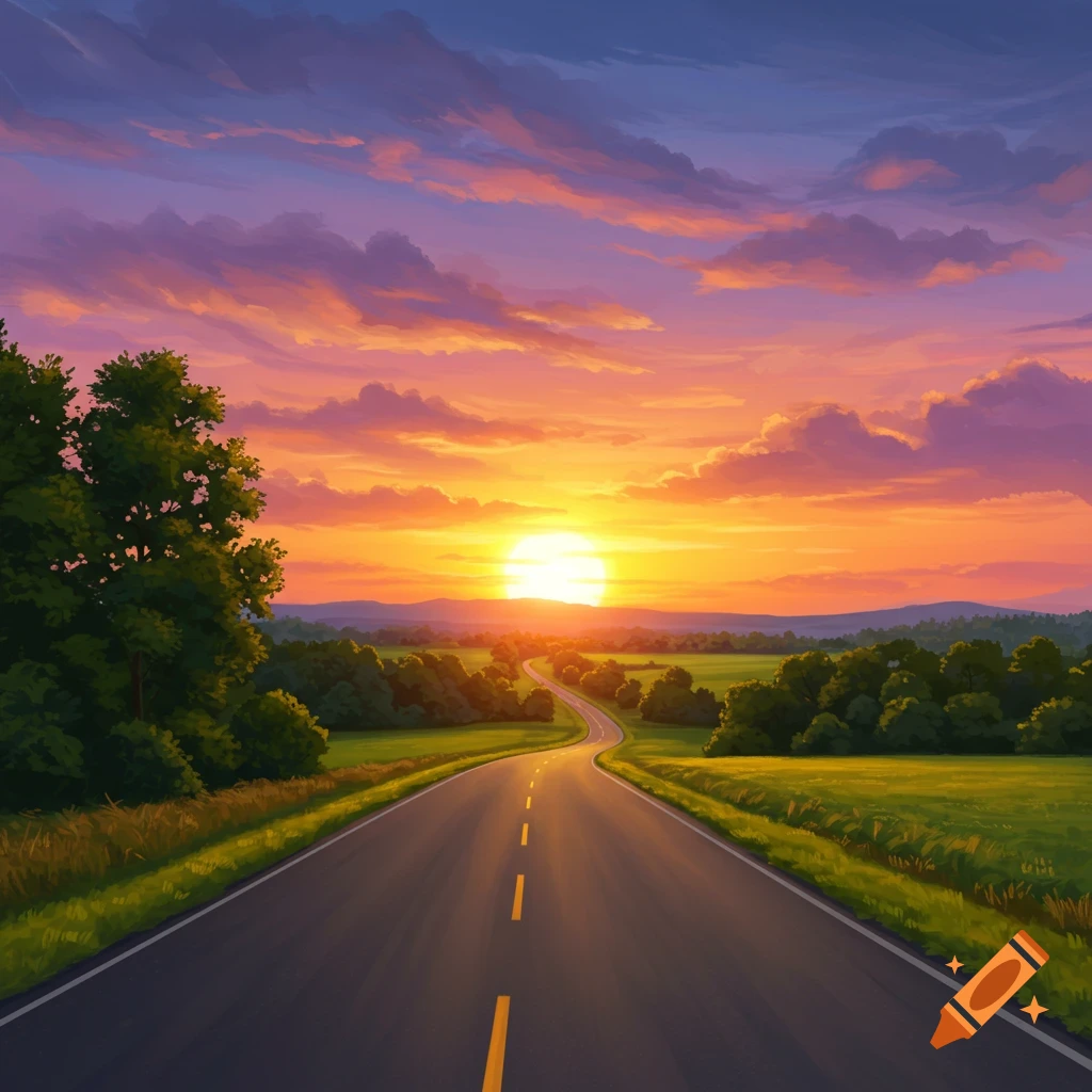 A road winds through a green landscape towards a bright sunset.