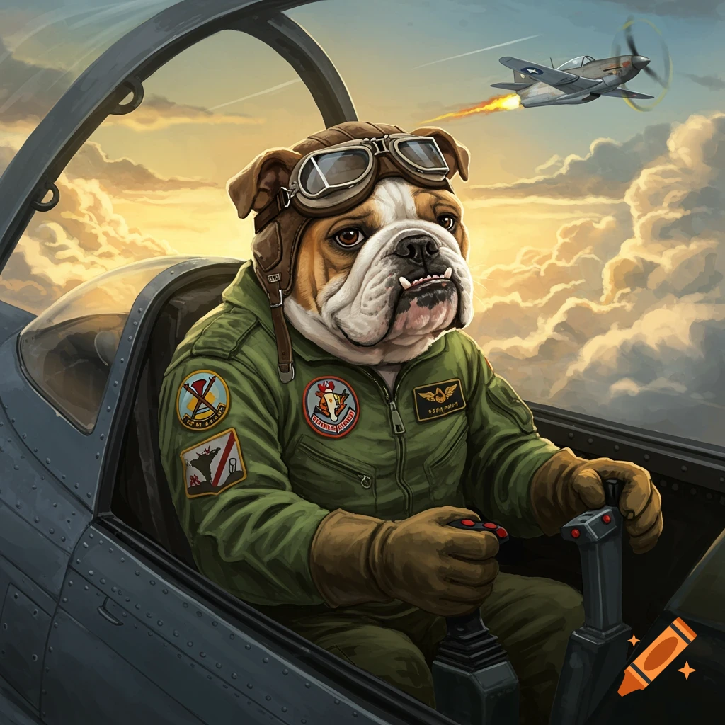 An English bulldog in a fighter pilot uniform sitting in a cockpit.