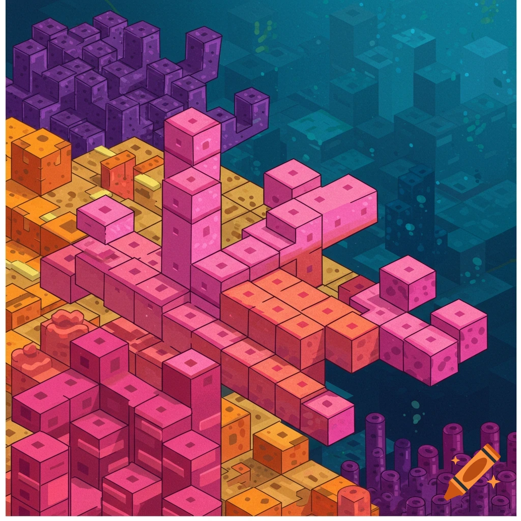Colorful, blocky coral reef in a Minecraft-like style.