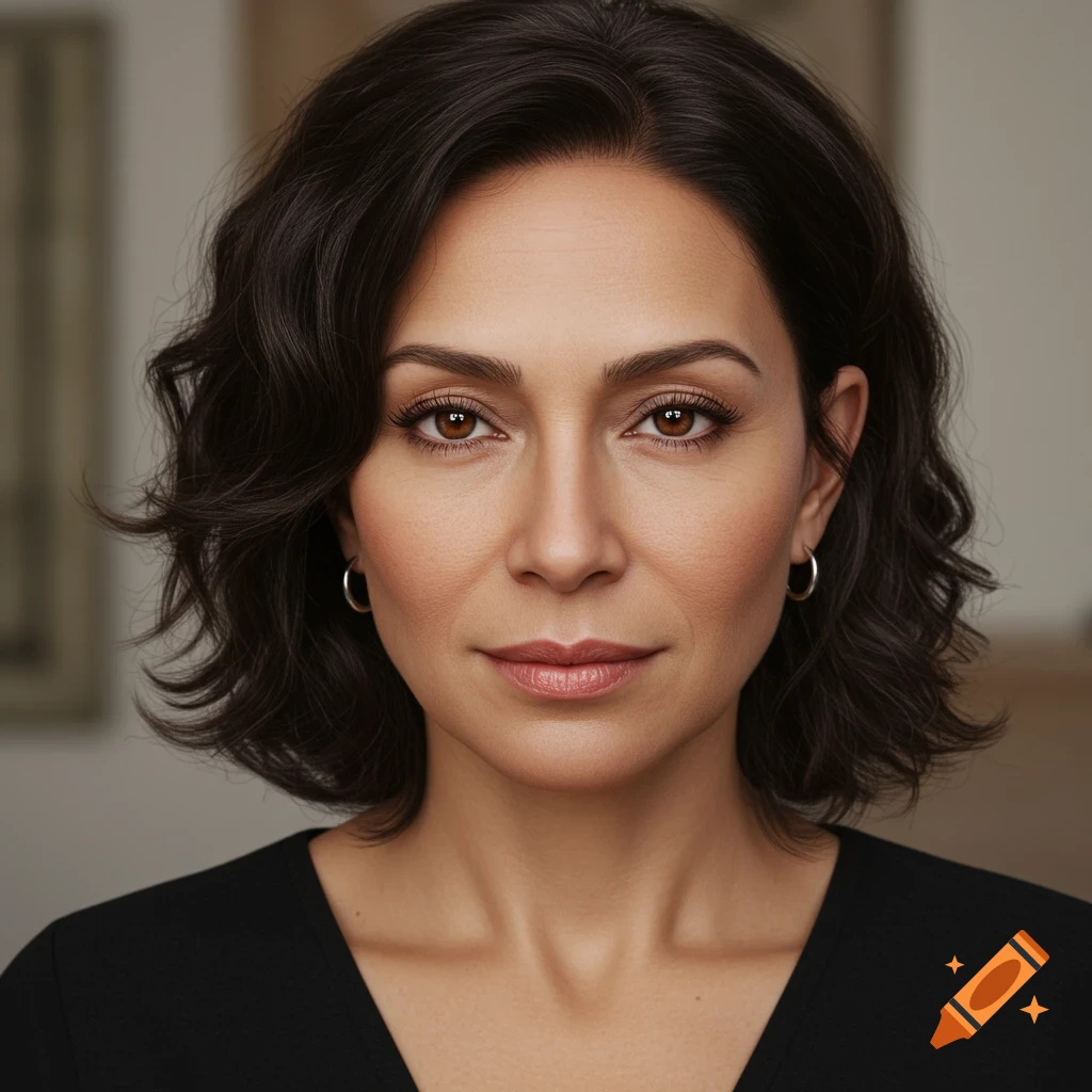Close-up photorealistic portrait of a woman with dark hair