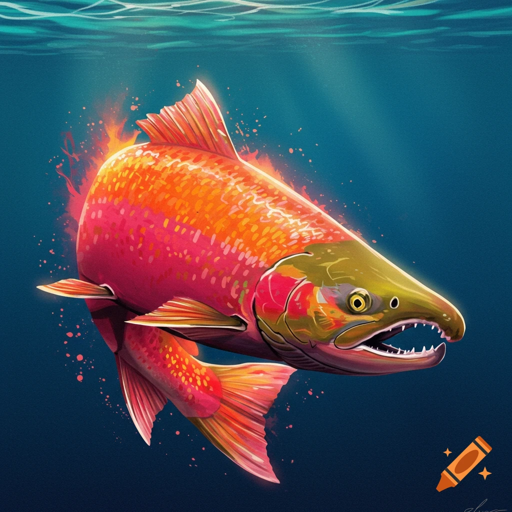 A bright red and orange salmon swimming underwater with fiery effects around it.