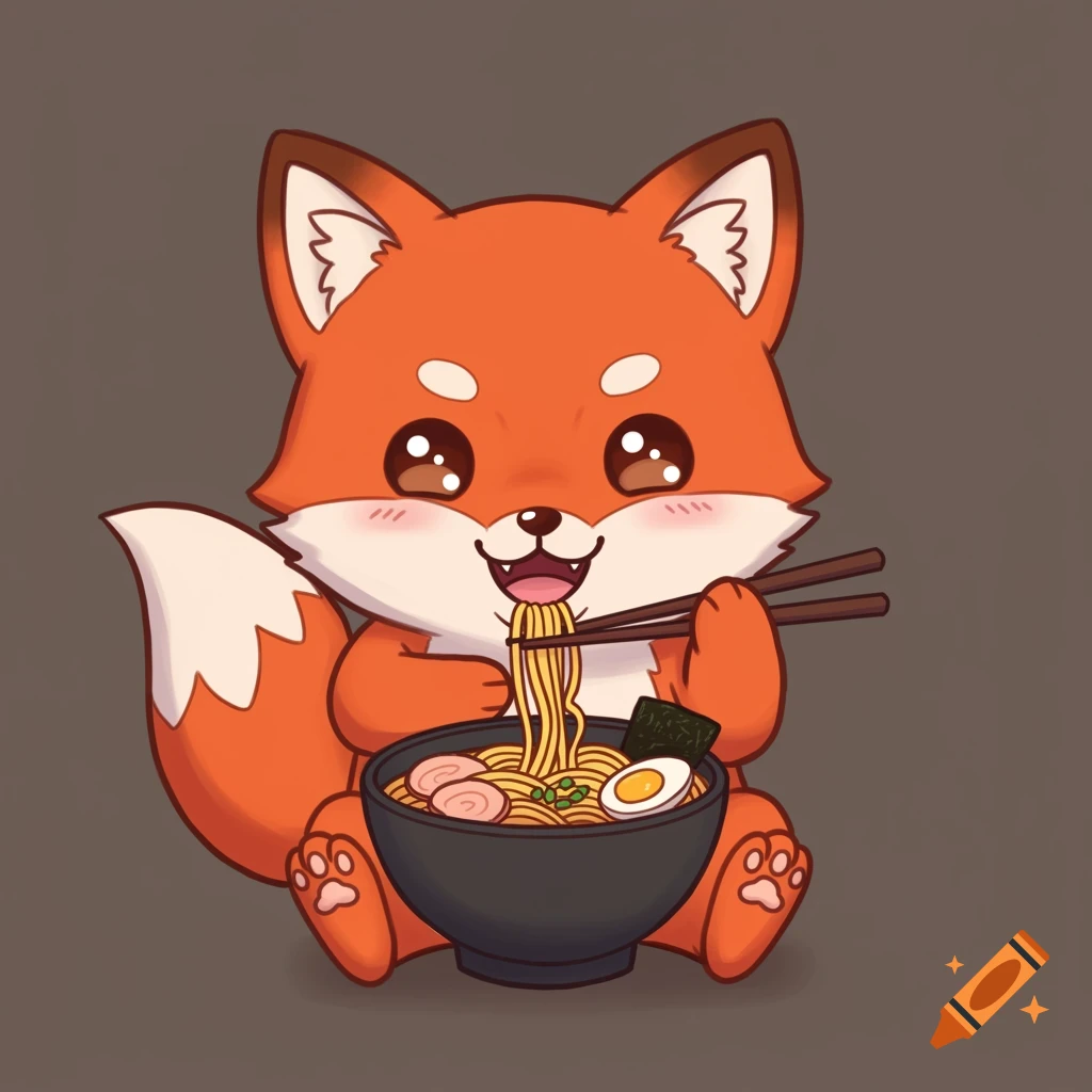Cute cartoon fox character eating a bowl of ramen with chopsticks.
