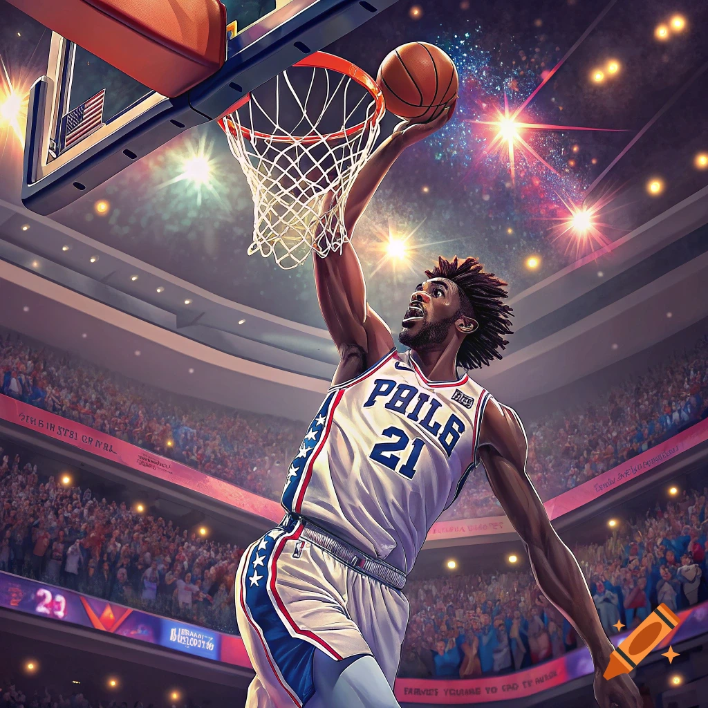 Basketball player dunking in a stadium during a game.