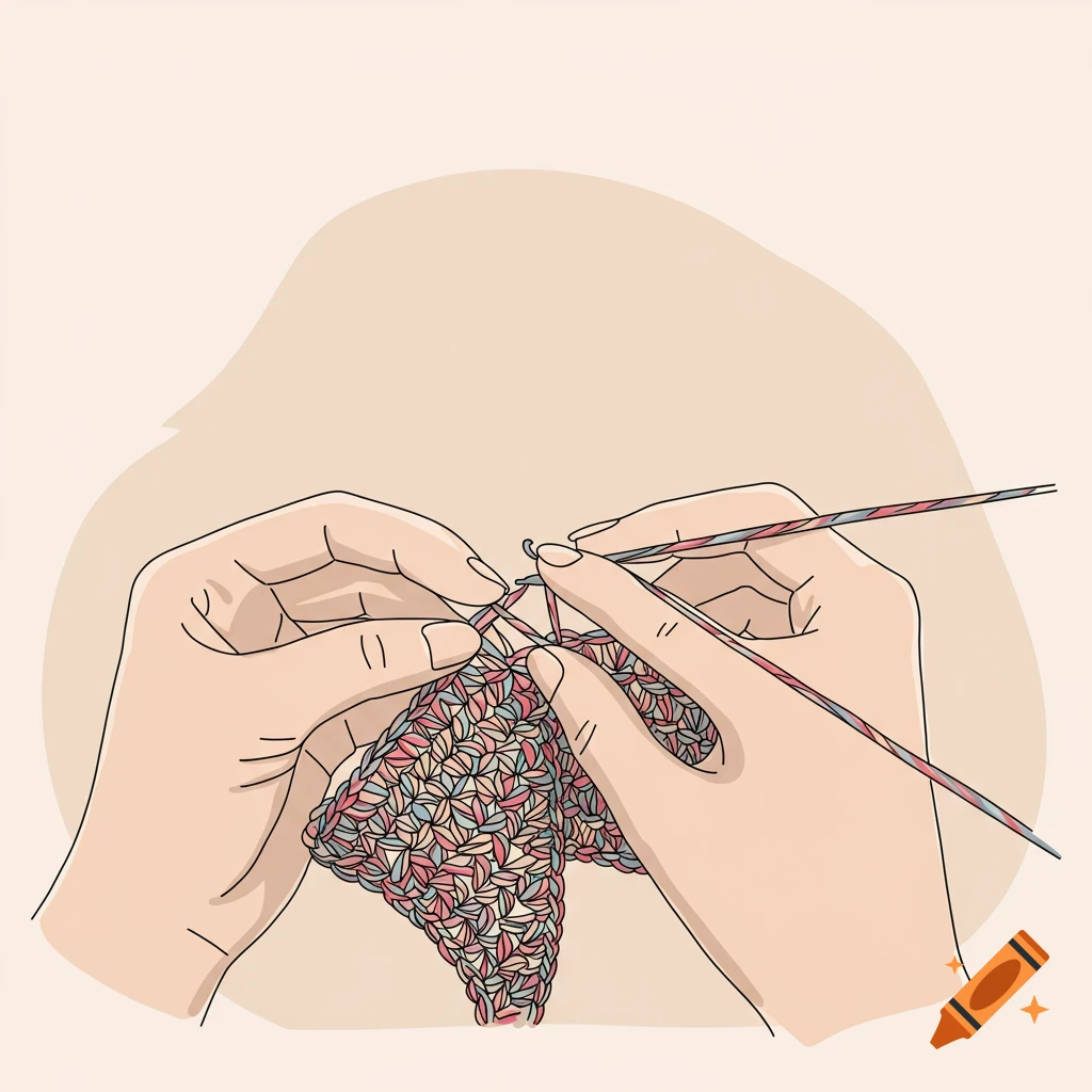 Illustration of hands knitting with colorful yarn.