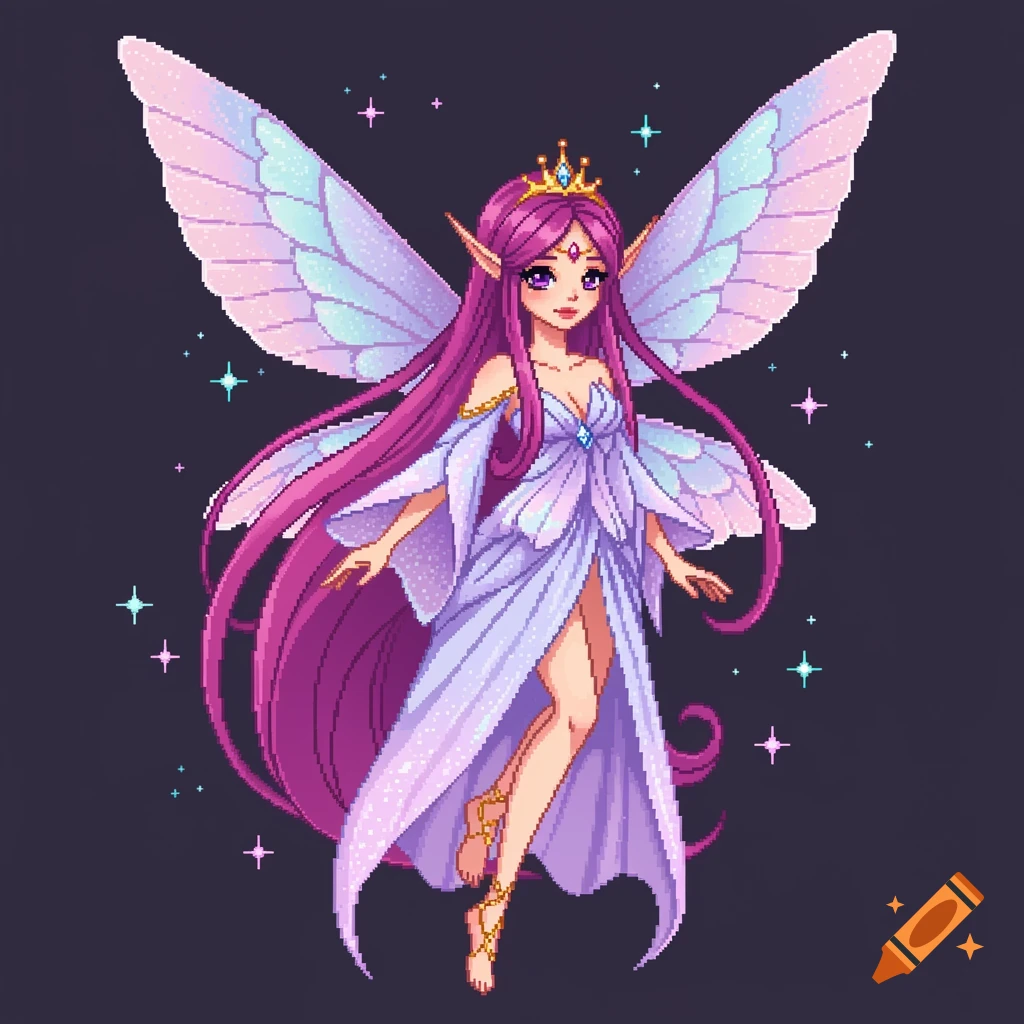 Pixel art fantasy portrait of a purple-haired fairy with pastel wings and a flowing gown.