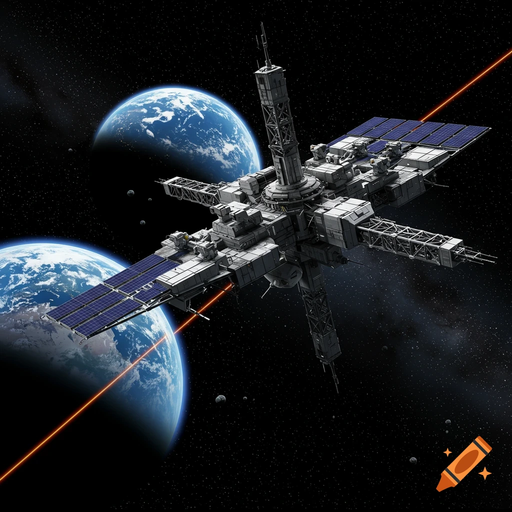 A large orbital space station is emitting an orange laser beam, with two planets in the background.