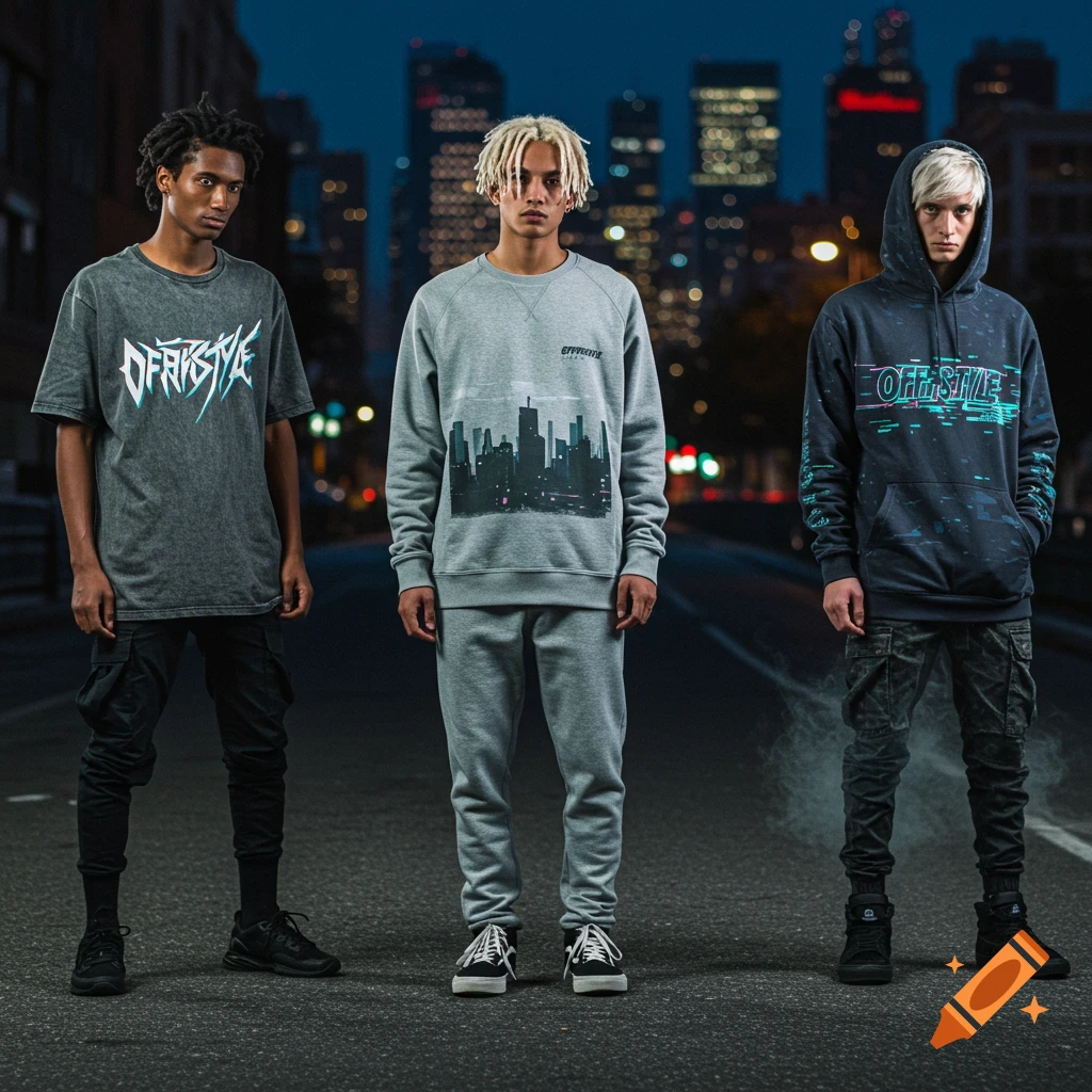 Three men model streetwear clothing (t-shirt, sweatshirt, hoodie) in an urban street at dusk.