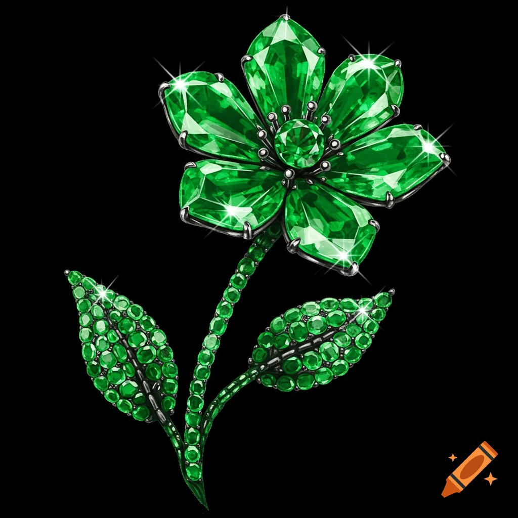 A flower made of green emerald gems on a black background.