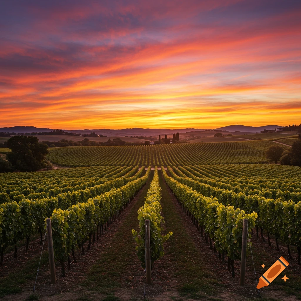 Rows of grapevines stretch under a vibrant sunset sky over rolling hills.