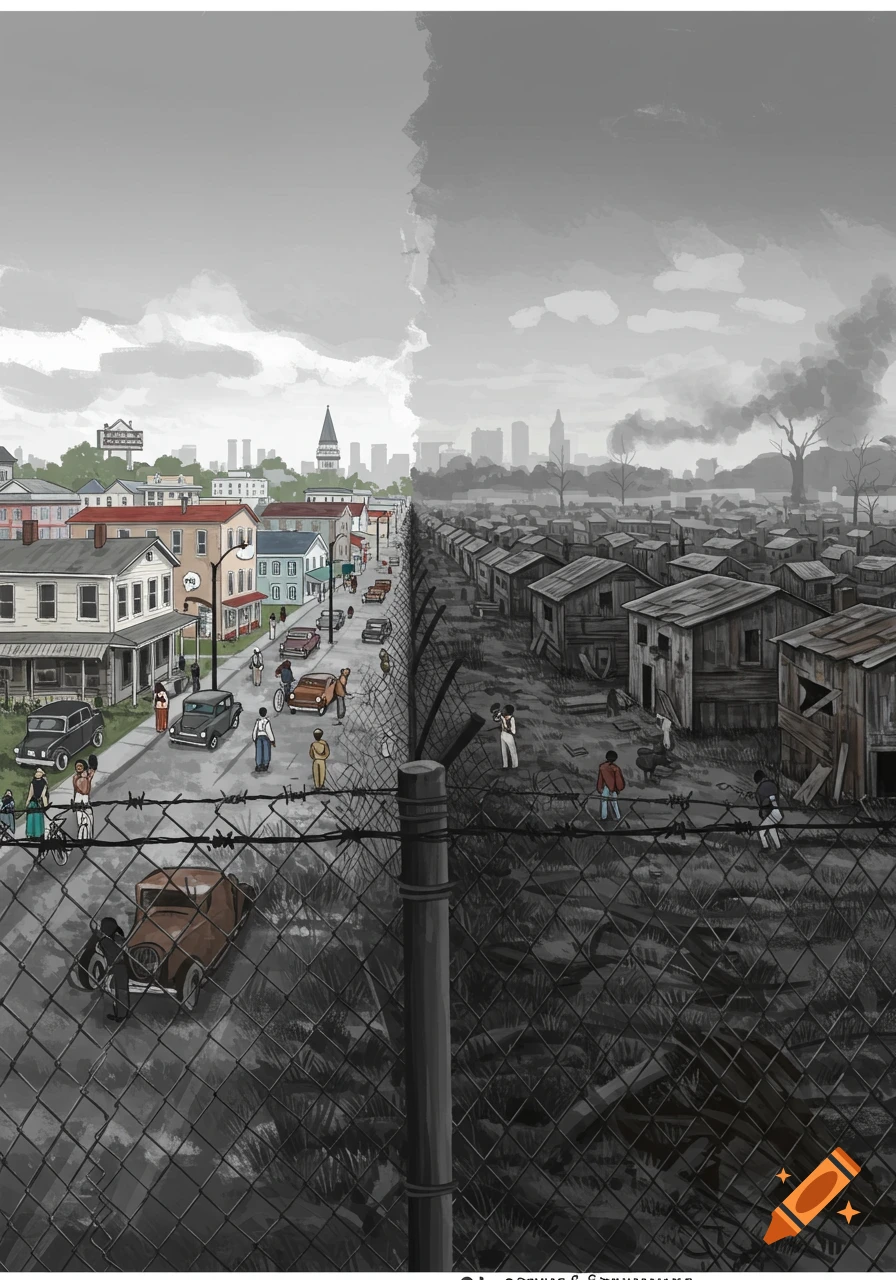 A divided scene: a colorful street with people on one side, a grayscale shantytown on the other, split by a fence.
