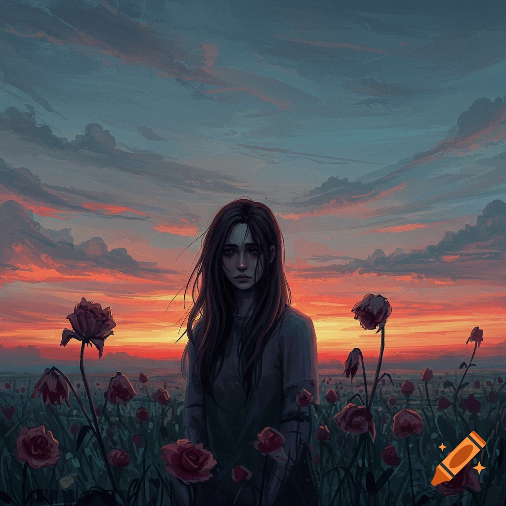 A somber figure stands in a field of roses at sunset.