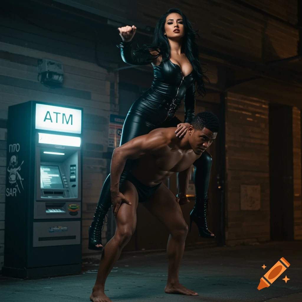 A woman in black leather stands on the back of a muscular man in briefs near an ATM machine.