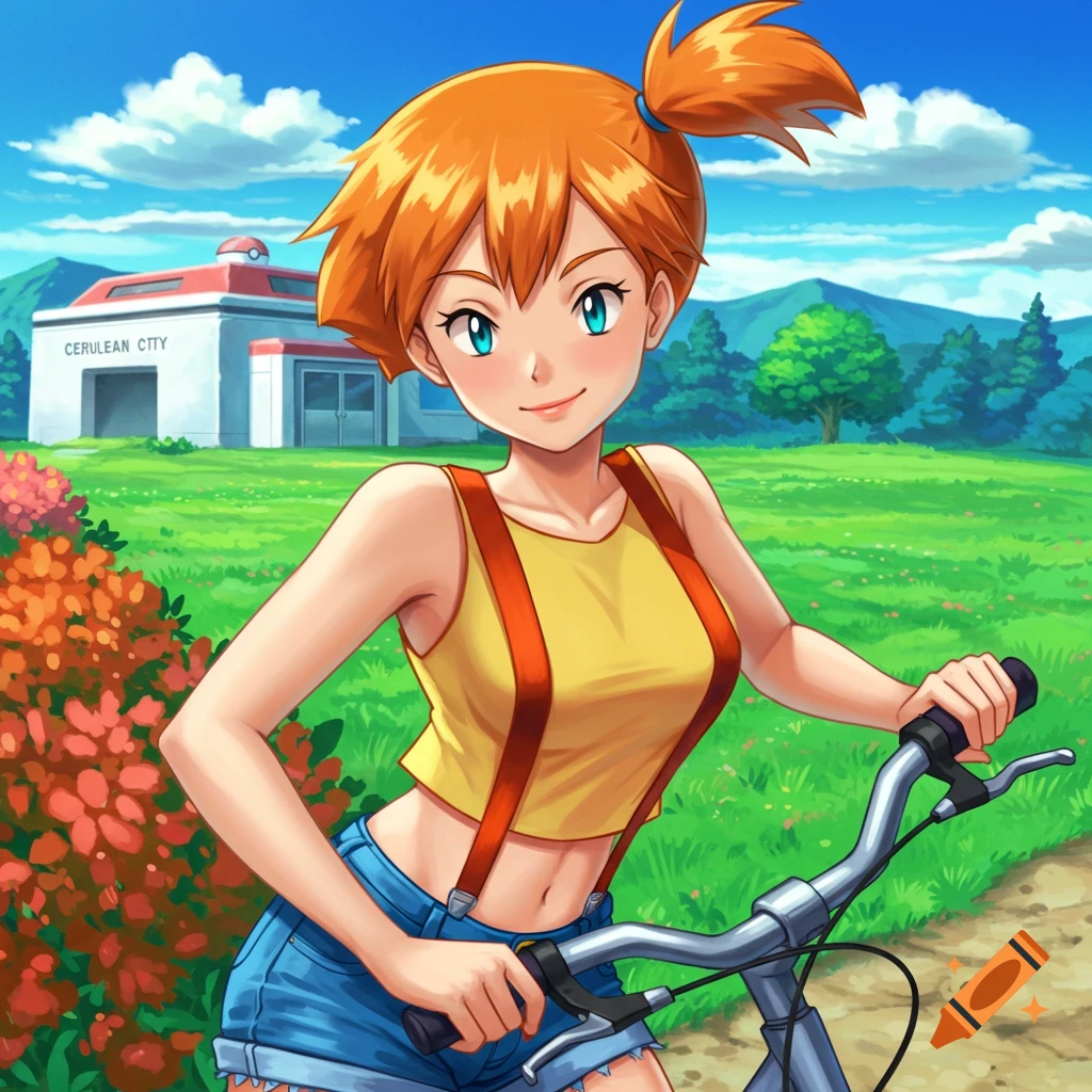 Anime style image of Misty from Pokemon on a bicycle near a building in Cerulean City.