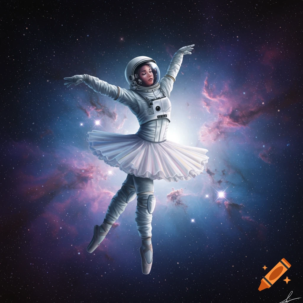 A ballerina astronaut dancing in space surrounded by nebulae and stars.