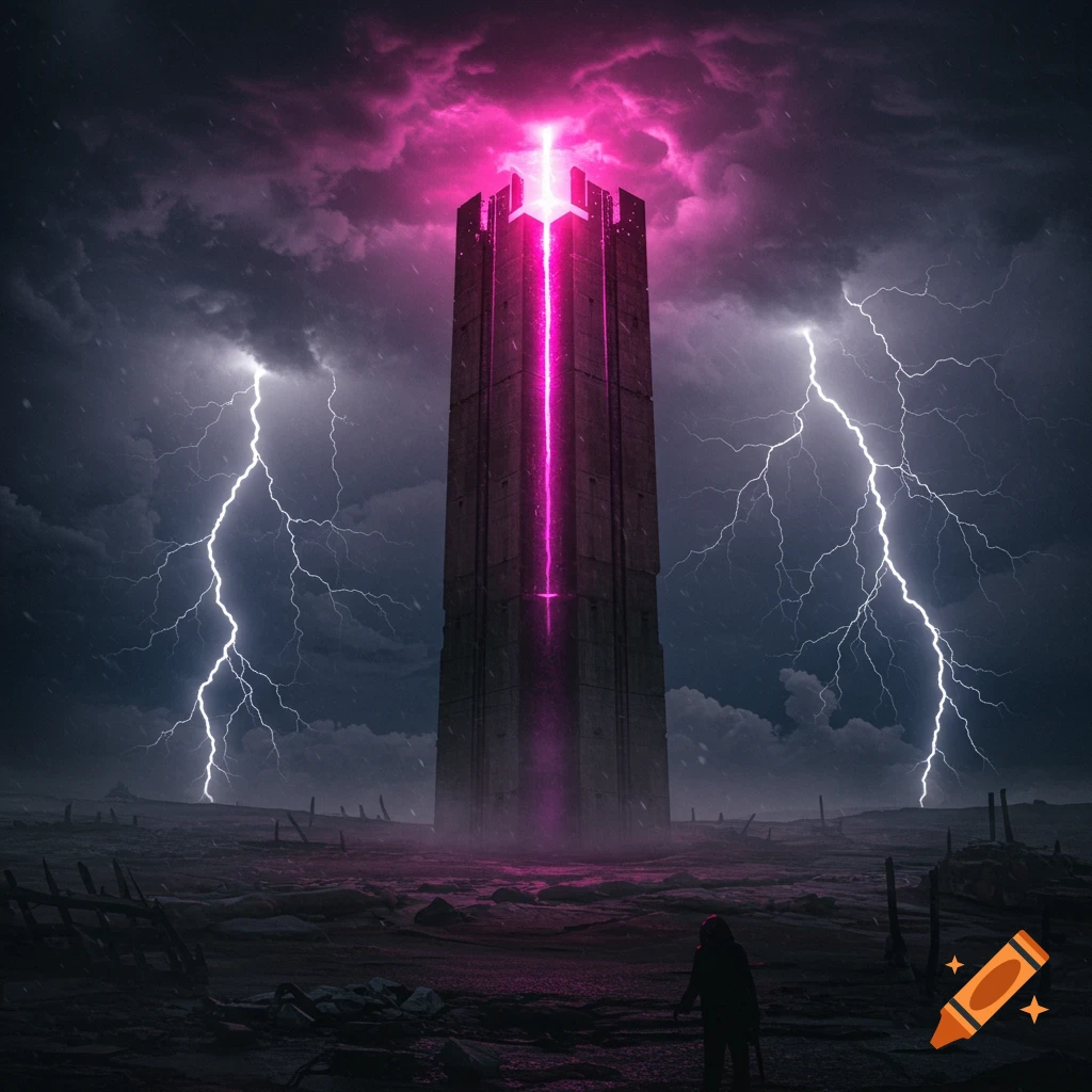 A dark image of a magenta glowing tower in a blasted wasteland under a lightning storm with a lone figure.