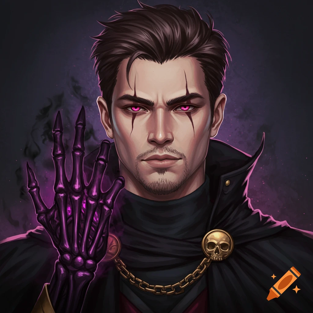 A close-up image of a dark fantasy character with glowing pink eyes, dark marks on his face, and a skeletal right hand radiating purple energy.