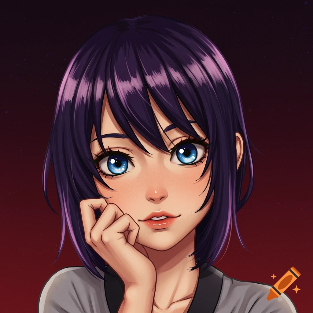 Close-up anime portrait of a girl with short dark purple hair and blue eyes, holding her hand to her chin.