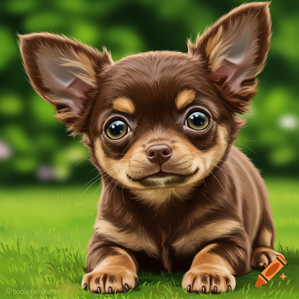 A small brown Chihuahua puppy is lying on green grass.