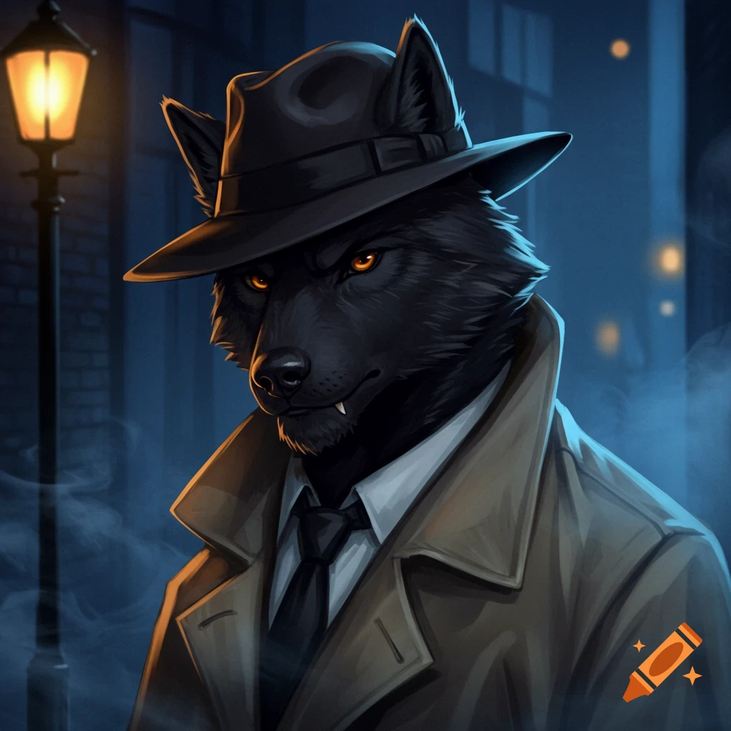A black wolf in a fedora and trench coat, like a noir detective, stands on a dark street.