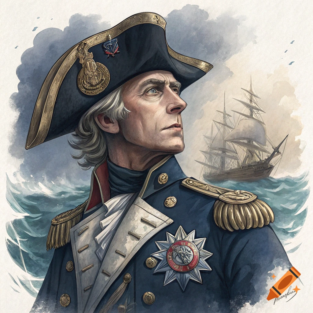 Watercolor portrait of a historical naval officer in uniform, looking towards a ship at sea.