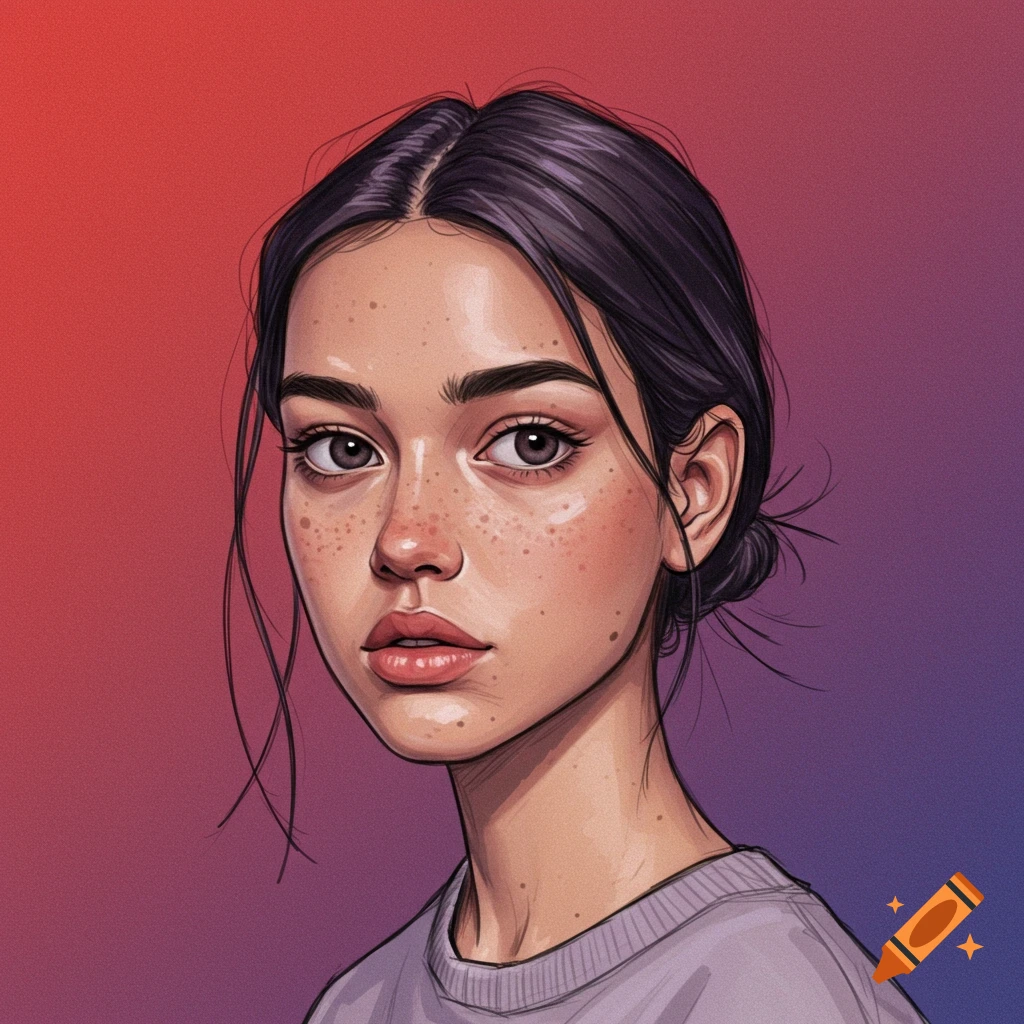 Digital illustration of a young woman with freckles against a red and purple gradient background.