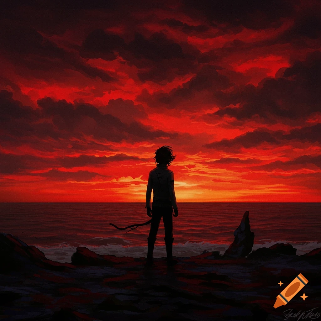 Anime style illustration of a person's silhouette watching a fiery red sunset over the ocean.