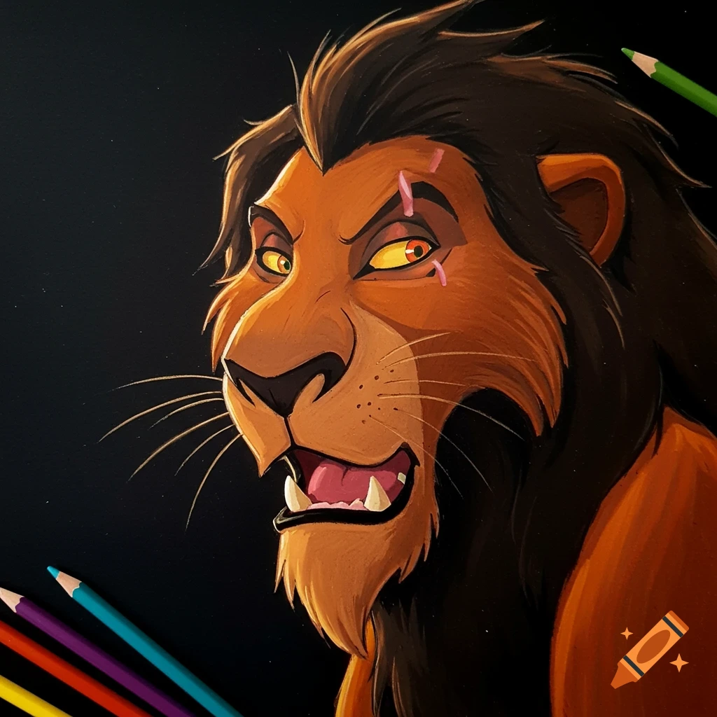 Close-up colored pencil drawing of Scar from The Lion King.
