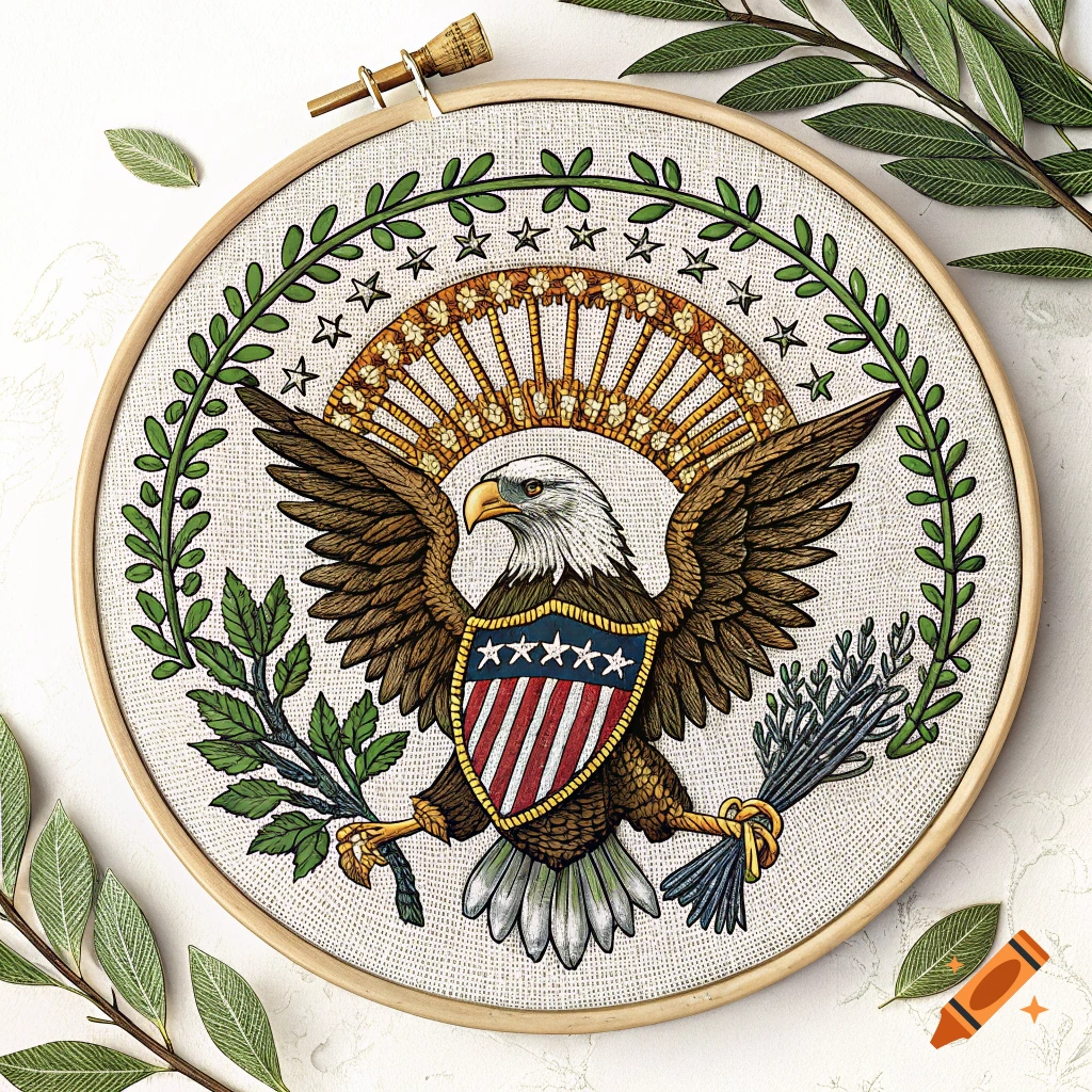 Embroidered US Presidential seal with wilting olive branch, cash, in hoop.