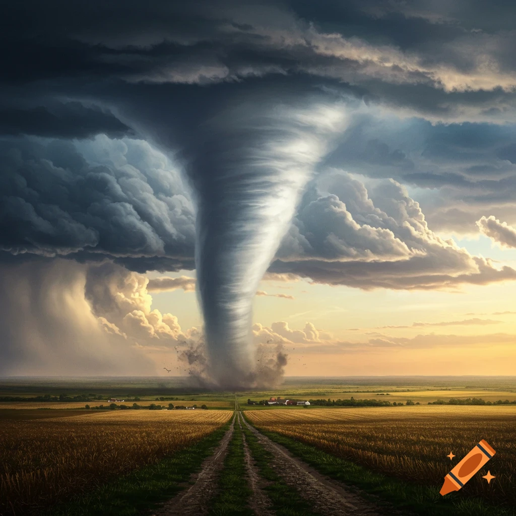A dramatic scene of a large tornado over a golden field with a dirt road and storm clouds.