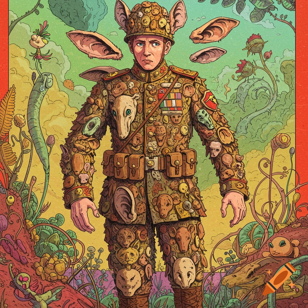 A soldier in a uniform made of faces and ears stands in a surreal, lush landscape in an illustrative style.